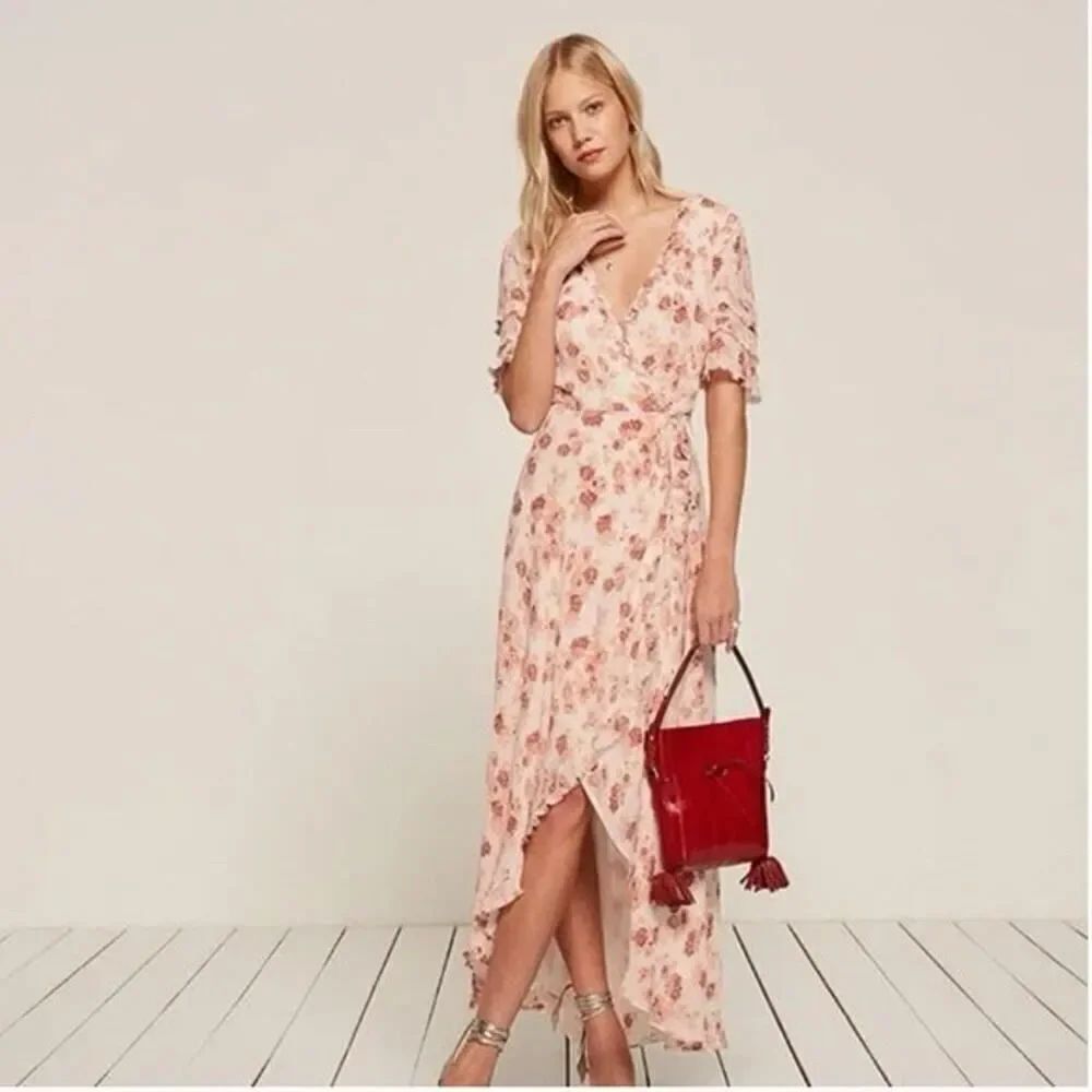Reformation Lottie Floral Wrap Maxi Dress Pink Red M Ruffle Sleeve High Low Hem